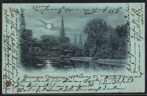 Mondschein-AK Oldenburg / O., Schlossgarten-Teich