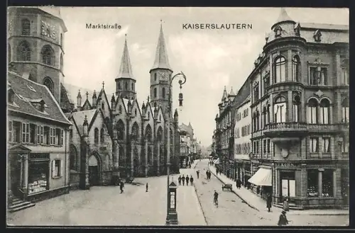AK Kaiserslautern, Marktstrasse mit Kirche und Geschäftshäusern