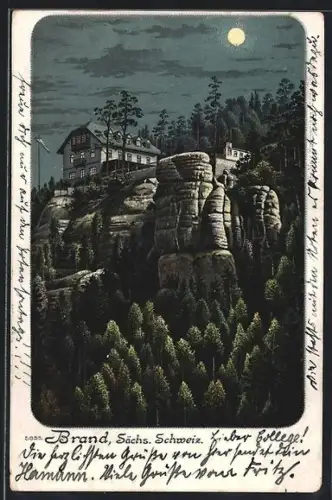 Lithographie Hohnstein /Sächs. Schweiz, Gasthaus Brand bei Vollmond