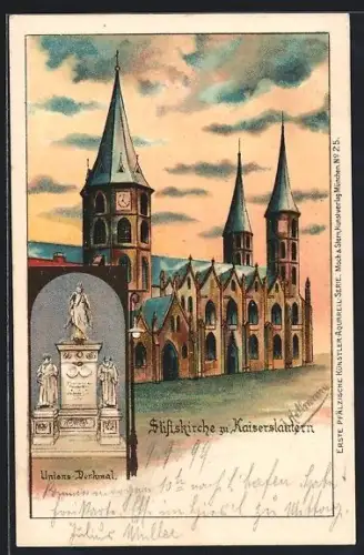 Lithographie Kaiserslautern, Stiftskirche im Abendlicht, Unions-Denkmal