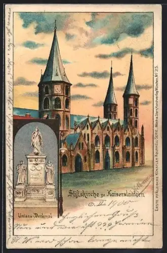 Lithographie Kaiserslautern, Stiftskirche, Unions-Denkmal