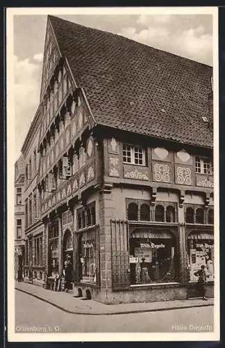 AK Oldenburg i. O., Strassenpartie am Haus Degode