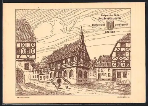 Künstler-AK Kaiserslautern, Rathaus mit Apotheke und Scharne um 1550