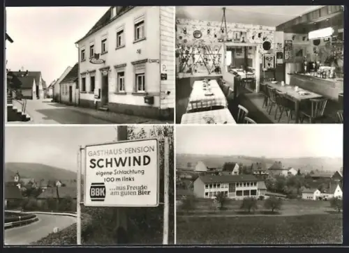 AK Steinbach / Donnersberg, Gasthaus-Pension Schwind, Schule und Ortsmotiv