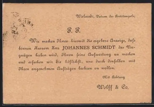 AK Walsrode, Besuchsanzeige von Herrn Johannes Schmidt der Firma Wolff & Co.