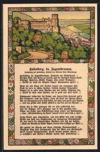 Steindruck-AK Heidelberg, Schloss Heidelberg, Gedicht Heidelberg, du Jugendbronnen von Albrecht Graf Wickenburg