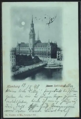 Mondschein-AK Hamburg, Neues Rathaus mit Grünanlagen