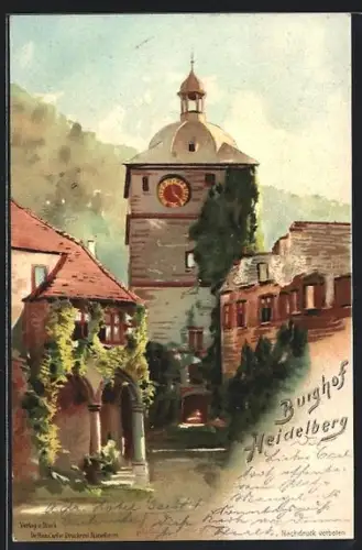Lithographie Burghof Heidelberg mit Turmuhr