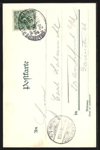 Lithographie Burghof Heidelberg mit Turmuhr