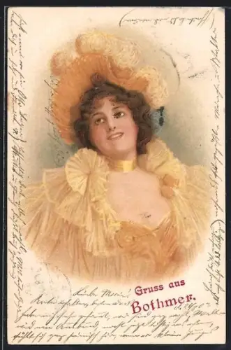 Lithographie Dame mit Federhut, Jugendstil