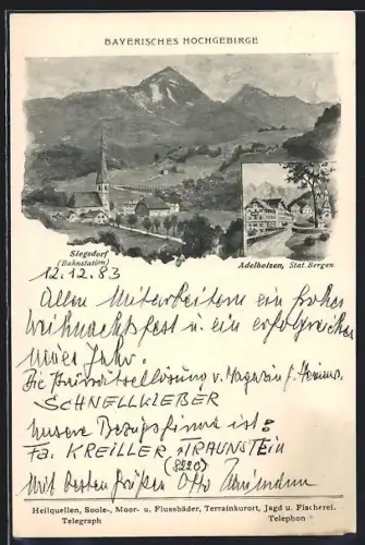 AK Siegsdorf, Totalansicht des Ortes mit Panorama des Bayerischen Hochgebirges