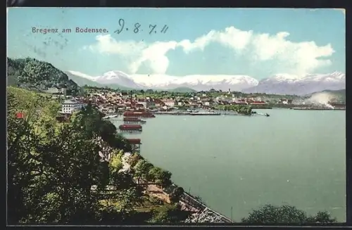 AK Bregenz am Bodensee, Panorama mit See und Gebirgskulisse
