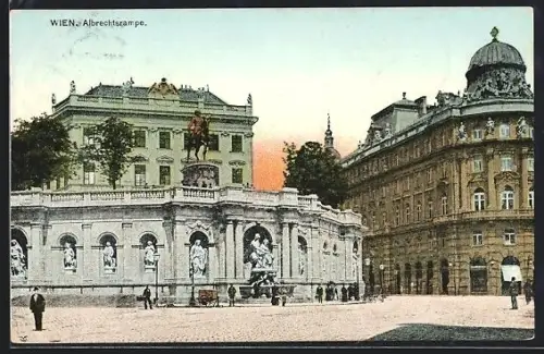 AK Wien, Albrechtsrampe mit Reiterstandbild und Brunnen