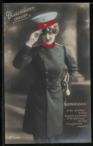 AK Frau in Uniform grüsst, Operette Donnerwetter Tadellos