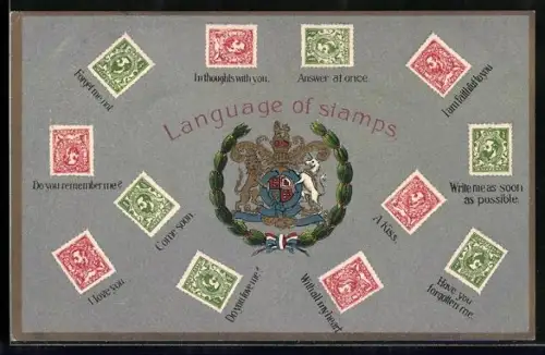AK Briefmarkensprache und das Wappen des Vereinigten Königreichs mit gekröntem Löwen und Einhorn