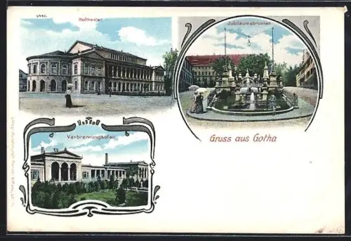 AK Gotha, Hofmauer, Jubiläumsbrunnen, Verbrennungsofen