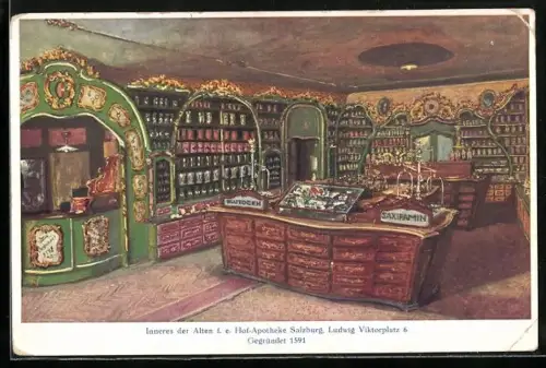 Künstler-AK Salzburg, Inneres der Alten f. e. Hof-Apotheke, Ludwig Viktorplatz 6