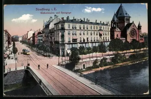 AK Strassburg, Kleberstaden und Synagoge, Strassenbahn