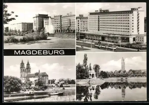 AK Magdeburg, Wilhelm-Pieck-Allee, Interhotel International, Dom, Kulturpark Rotehorn
