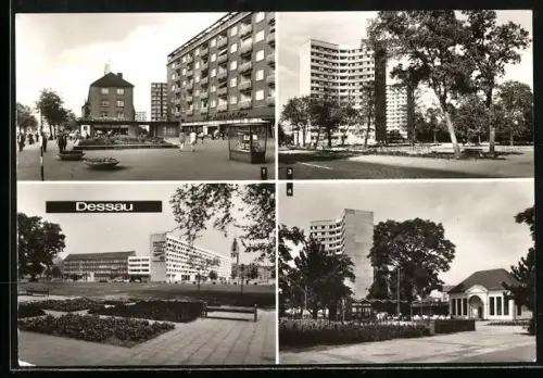 AK Dessau, Teehäuschen im Stadtpark mit HO-Gaststätte und Intim-Bar, Wilhelm Pieck-Strasse, Hochhäuser