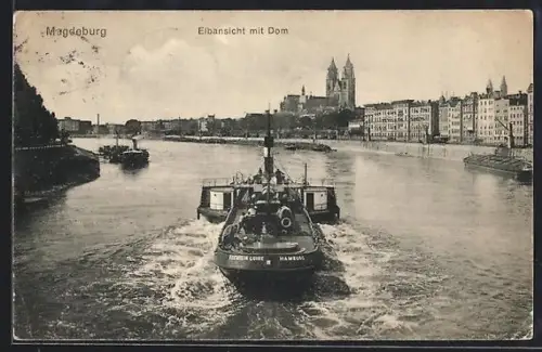 AK Magdeburg, Elbansicht mit Dom, Schleppdampfer Königin Luise aus Hamburg