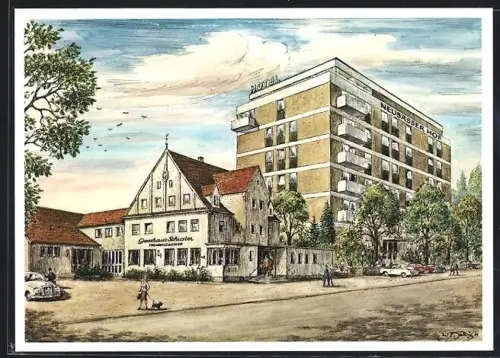 Künstler-AK Neusäss, Hotel Garni Neusässer Hof, Gasthaus Saalbau Schuster, Hauptstrasse