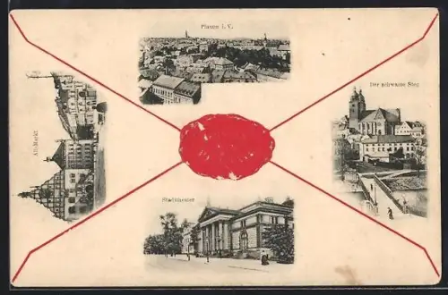 AK Plauen i. V., Stadtansicht, Altes Rathaus, Der schwarze Steg, Stadttheater