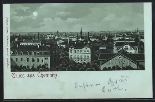 Mondschein-AK Chemnitz, Ortsansicht mit mehreren Kirchen und Wohnhäusern