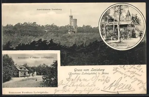 AK Leniaberg bei Mainz, Aussichtsturm, Forsthaus Ludwigshöhe, Restaurant