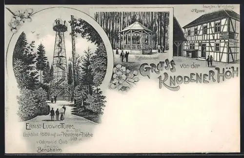 Lithographie Bensheim / Knodener Höh, Ernst-Ludwig-Turm, Mathildentempel, Touristen-Wirtshaus J. Reinig