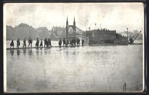 AK Frankfurt a. M., Alt-Frankfurt im Hochwasser Februar 1909, Brücke, Menschen auf Steg