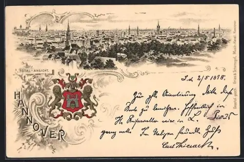 Lithographie Hannover, Wappen der Stadt, Totalansicht von oben