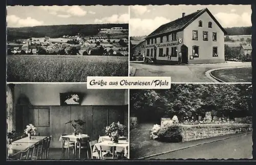 AK Oberwiesen /Pfalz, Totalansicht und Gasthaus zum Alzeyer Stadtwald