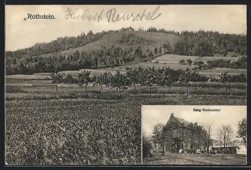 AK Sohland / Rotstein, Berg-Restaurant mit Gästen, Blick zum Rothstein