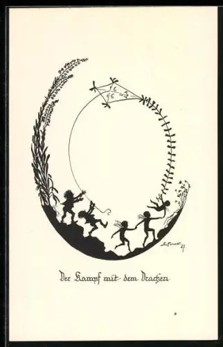 Künstler-AK Elsbeth Forck: Schattenbild, Aus dem Gnomen und Elfenreich, Der Kampf mit dem Drachen