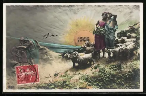 Künstler-AK Domenico Mastroianni: Ansicht eines Paares mit Schafherde, mit Jahreszahl 1908