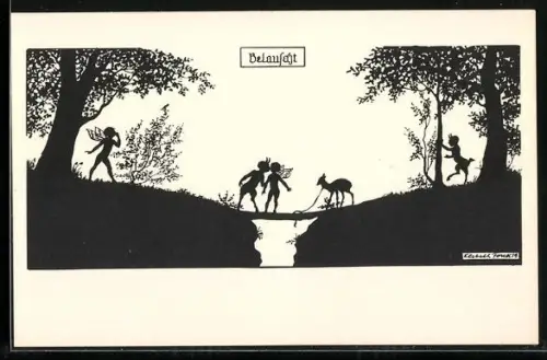 Künstler-AK Elsbeth Forck: Schattenbild, Belauscht, Faun und Elf auf einer Planke