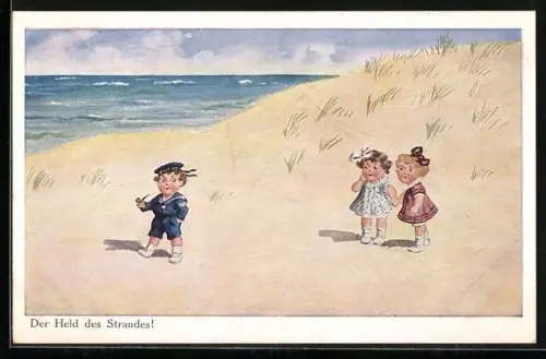 AK Kind als Matrose am Strand mit zwei Mädchen