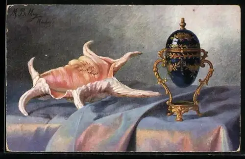 Künstler-AK M. Billing: Stilleben mit Muschel und Fabergé-Ei