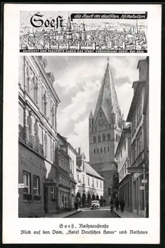 AK Soest, Rathausstrasse, Blick auf Dom, Hotel Deutsches Haus und Rathaus