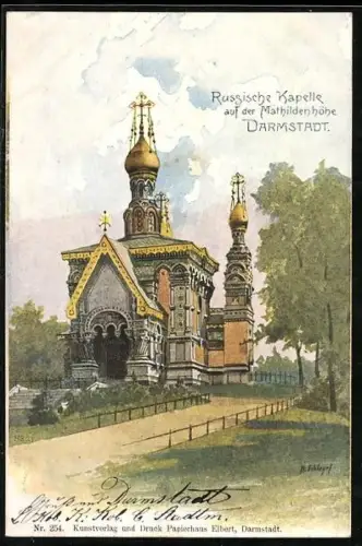 Künstler-AK Darmstadt, Russische Kapelle auf der Mathildenhöhe