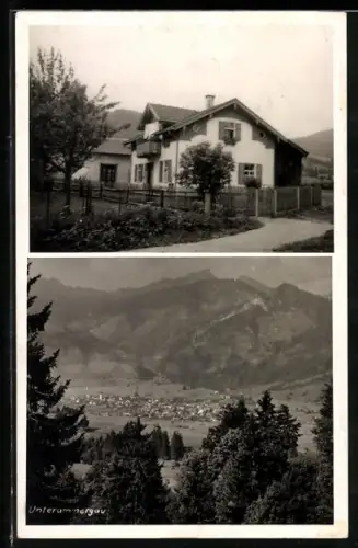 AK Unterammergau, Haus im Ort, Ortsansicht mit Bergpanorama