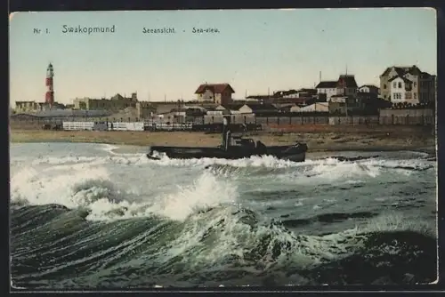 AK Swakopmund, Seeansicht mit Schlepper am Ufer