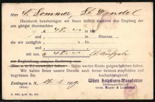 AK Esslingen a. N., Korrespondenzkarte Württ. Holzwaren-Manufaktur vorm. Bayer & Leibfried