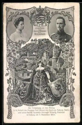 AK Portraits von Herzog Carl Eduard von Sachsen-Coburg-Gotha und seiner Gemahlin Herzogin Victoria-Adelheid