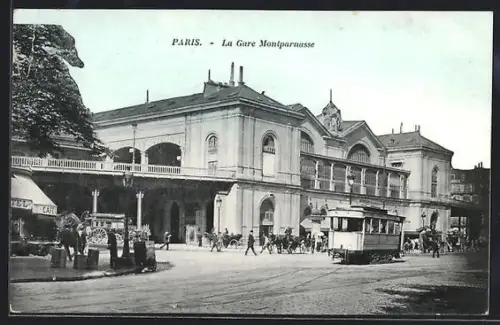 AK Paris, La Gare Montparnasse, Strassenbahn
