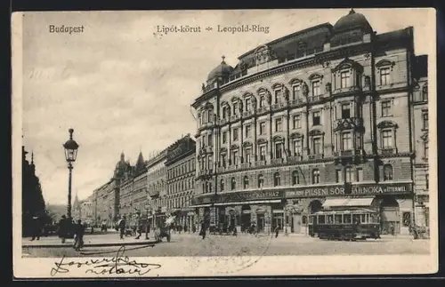 AK Budapest, Partie am Leopold-Ring mit Strassenbahn