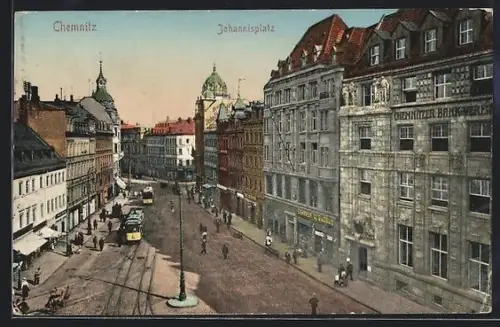 AK Chemnitz, Partie am Johannisplatz mit Strassenbahn