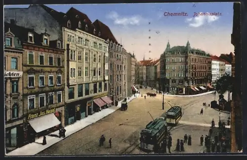 AK Chemnitz, Johannisplatz mit Strassenbahn aus der Vogelschau