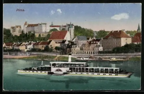 AK Pirna, Dampfschiff auf der Elbe und Stadtansicht
